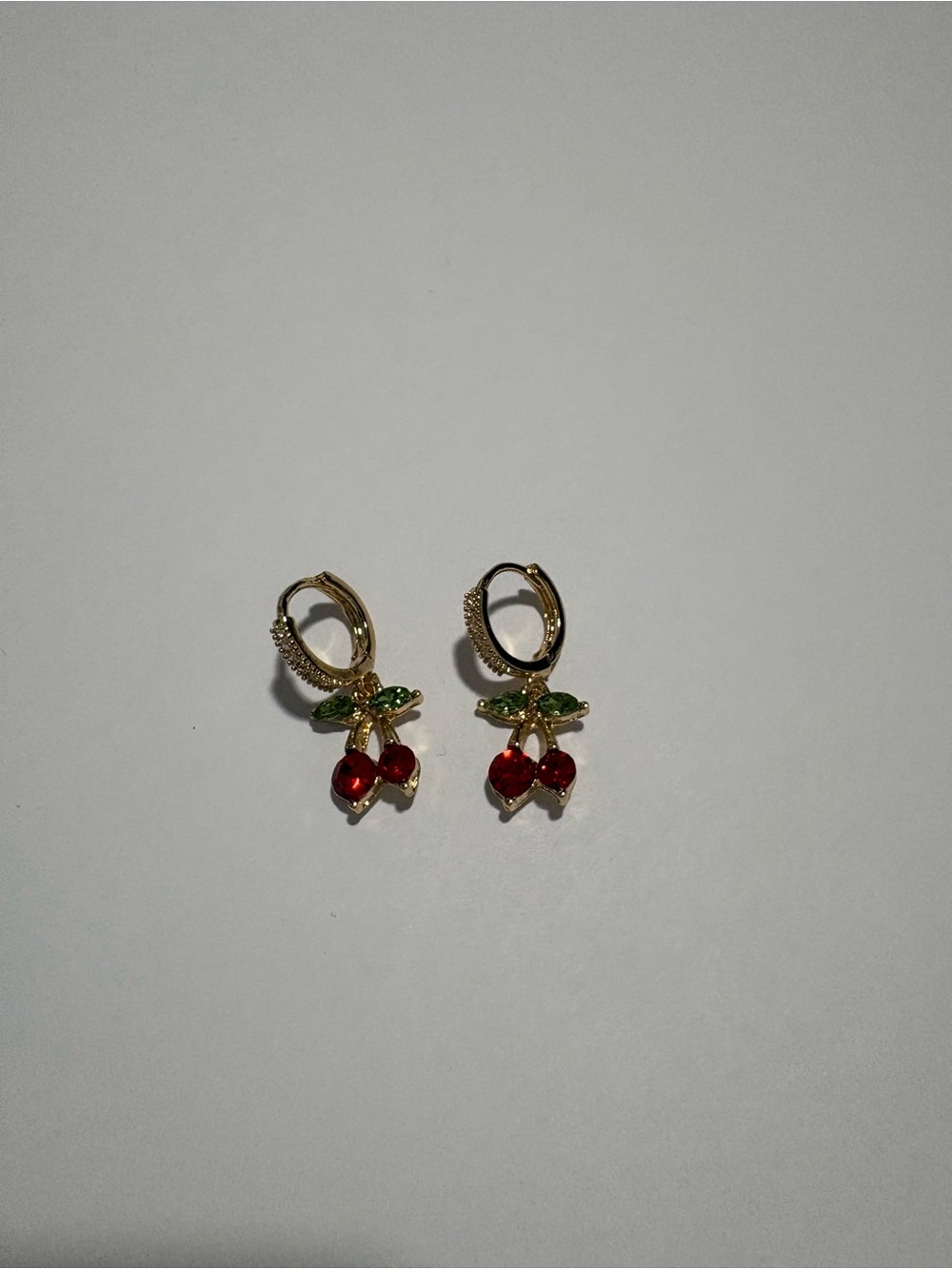 Gold Cherry Dangle Hoop Earrings with Red Crystals - Women Jewelry